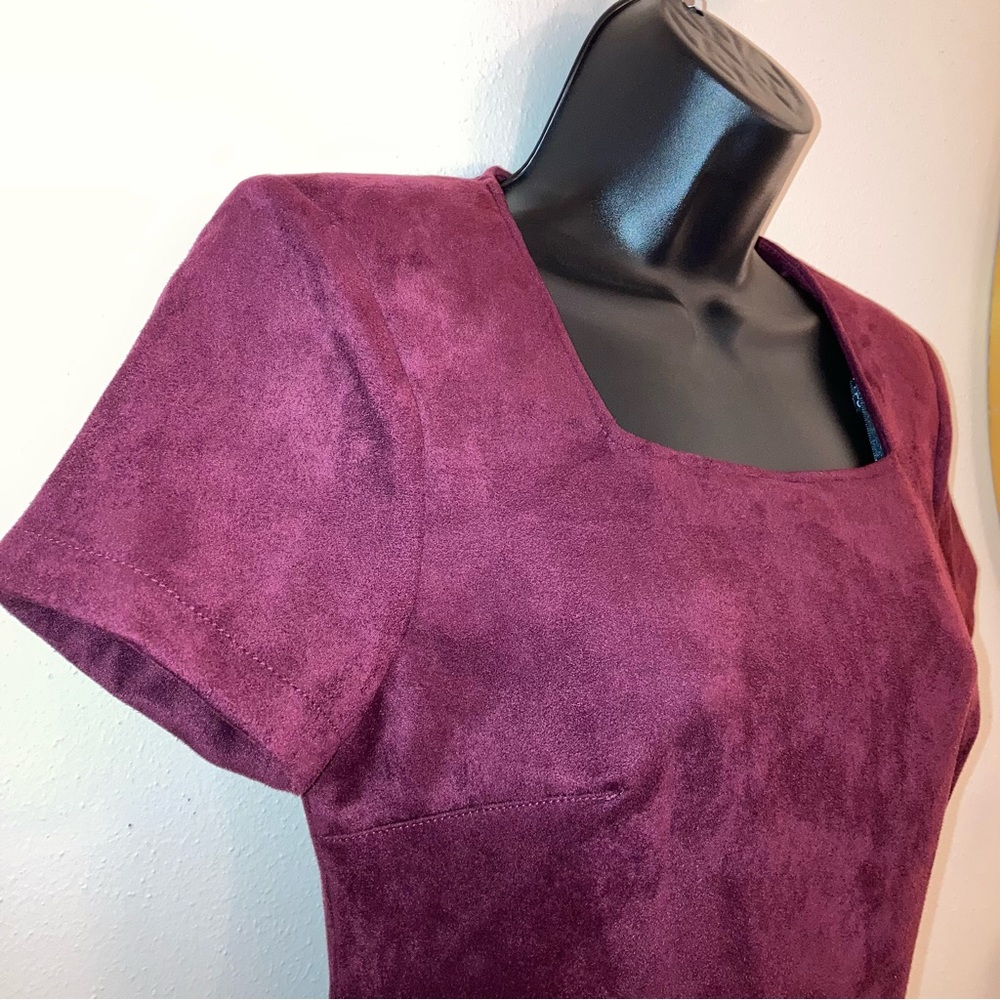 Calvin Klein Faux Suede Square Neck Asymmetrical Zip Short Sleeve Sheath Dress - Picture 8 of 15
